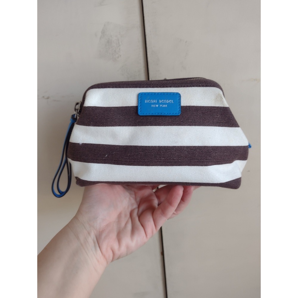 Henri Bendel Signature Stripe Brown White Makeup Pouch Bag Blue Strap